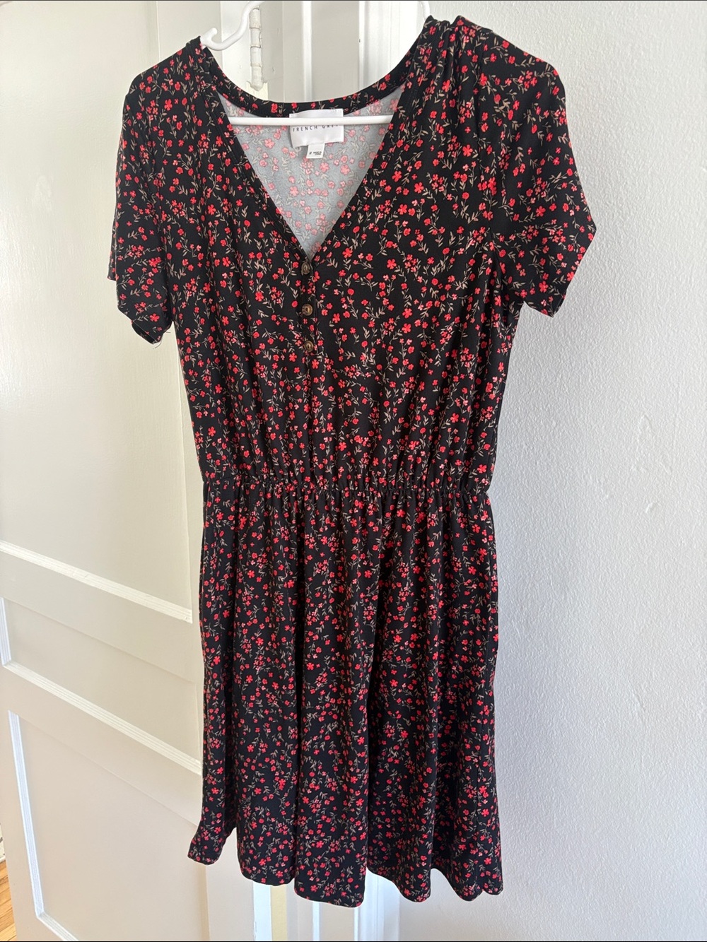 French Grey Black Mini Dress with Red Floral Print